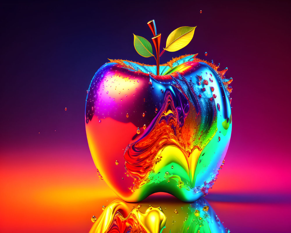 Colorful Apple with Liquid Splash and Twig on Gradient Background