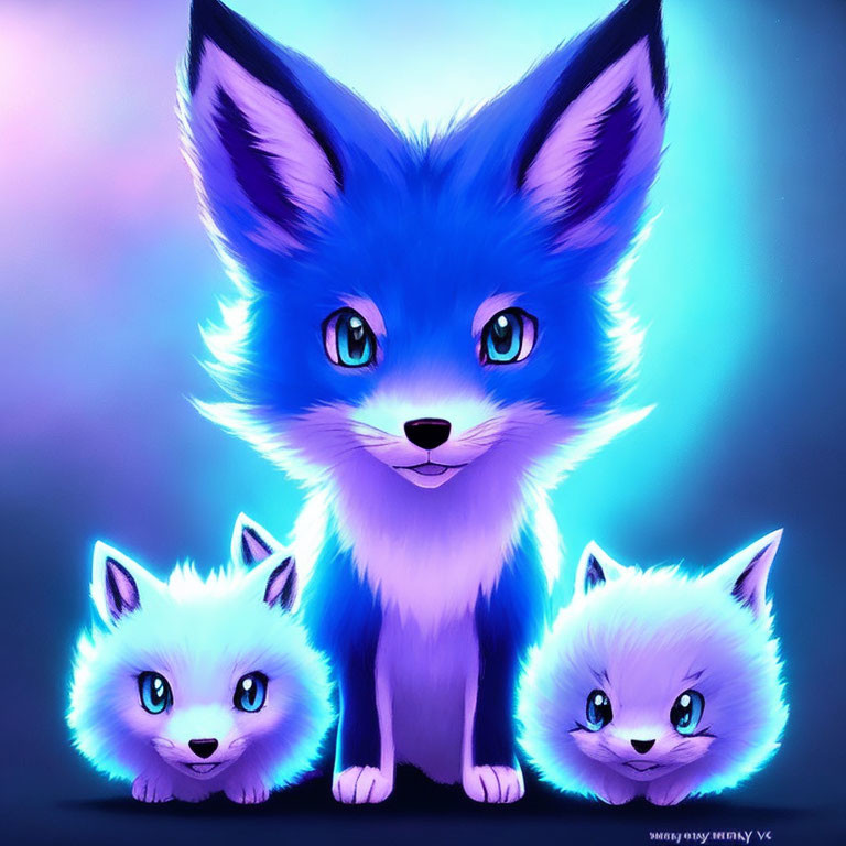 Vibrant blue foxes with neon fur on gradient blue and purple background