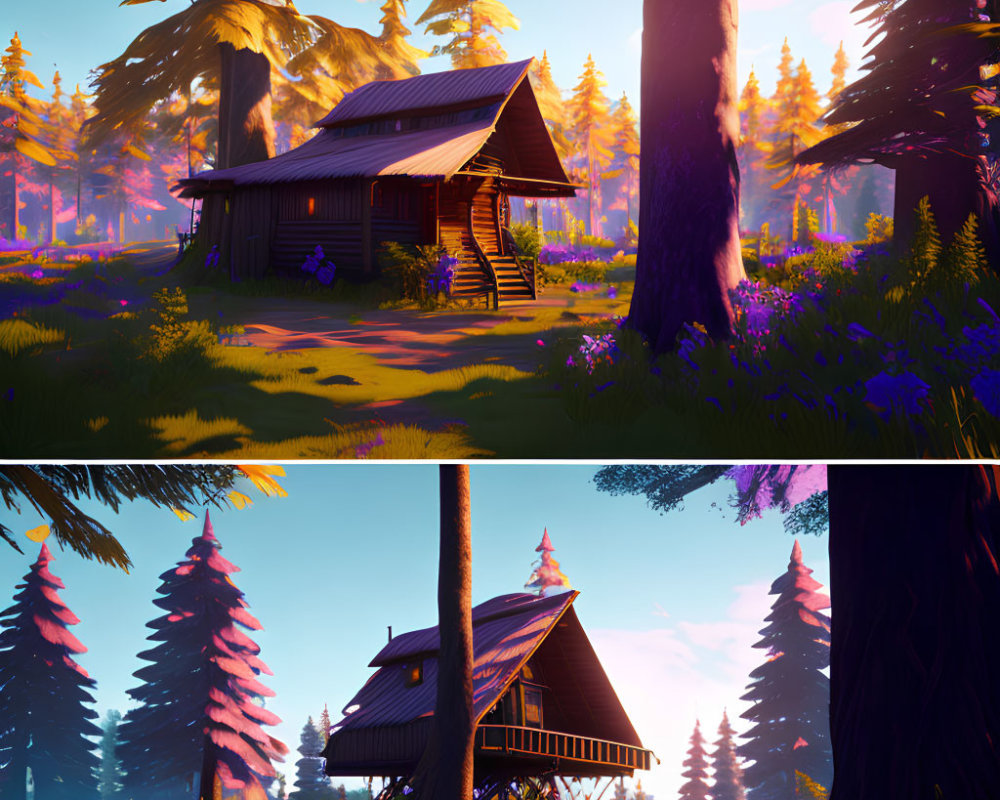 Vibrant forest cabin illustrations with sun rays in colorful setting