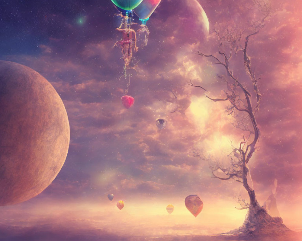 Colorful hot air balloons in surreal moonlit landscape