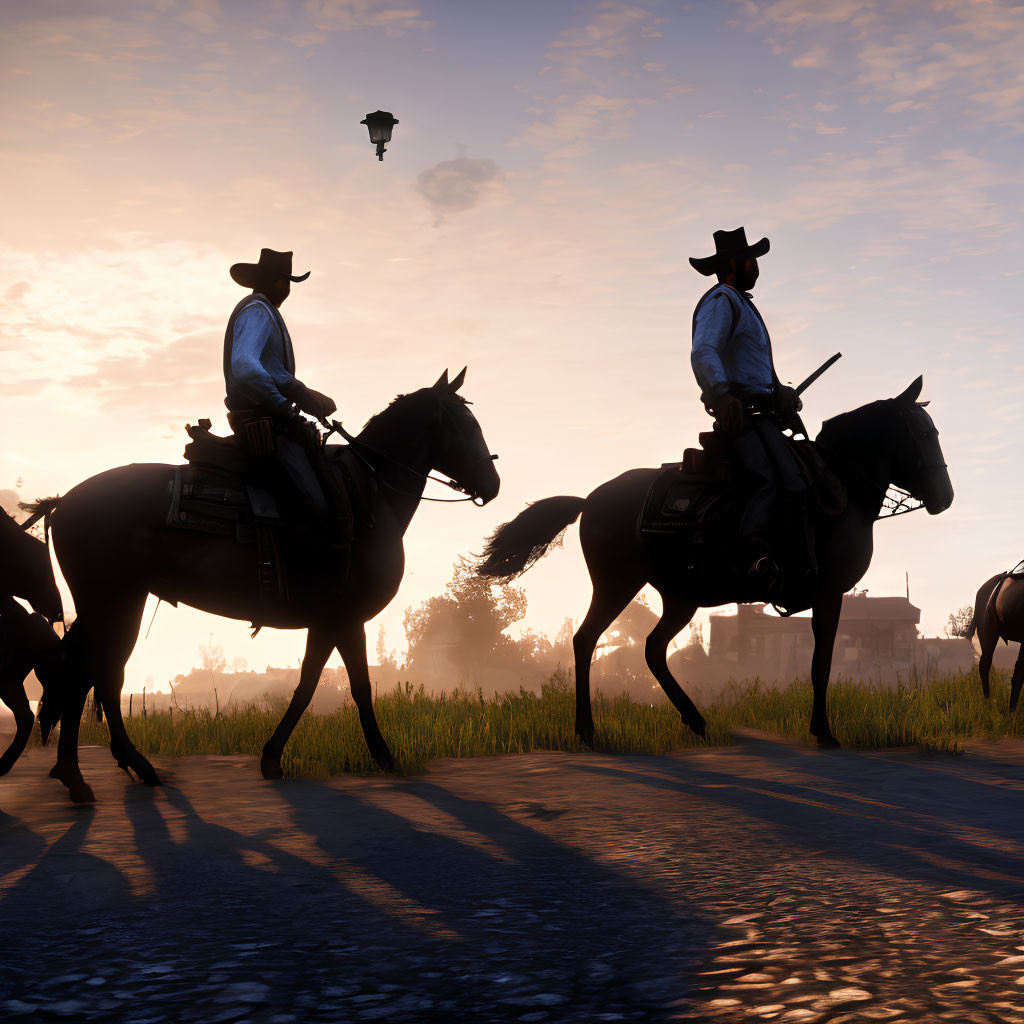 Silhouetted cowboys on horseback at sunrise with hot air balloon and building.