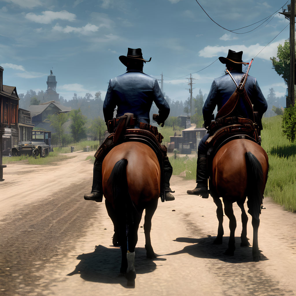 Cowboys on horses in Wild West town scene with buildings and tower.