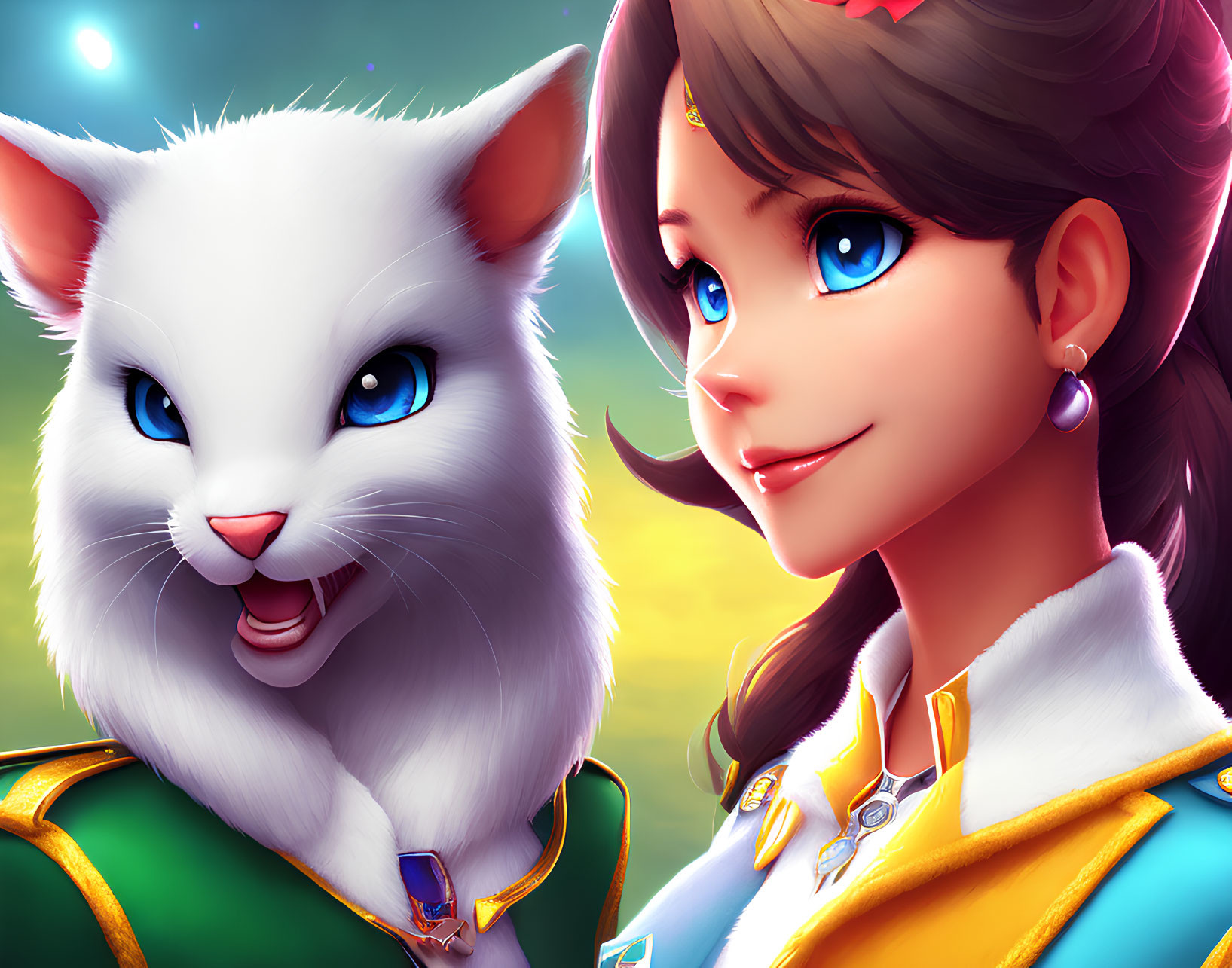 Illustration of Smiling Woman with Brown Hair and White Cat