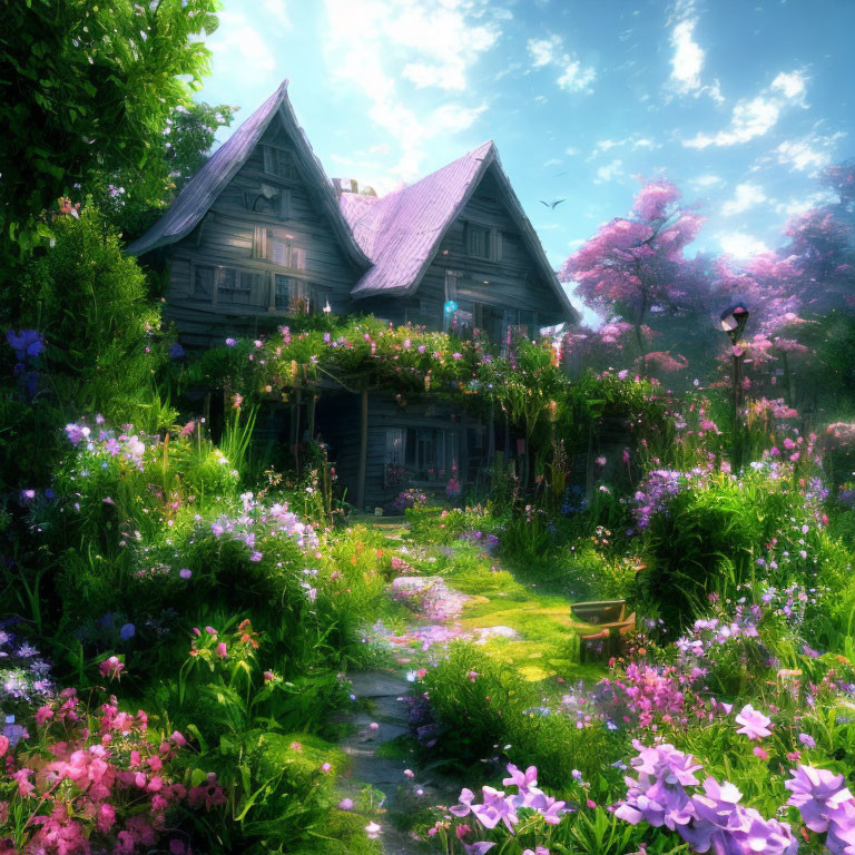 Quaint wooden house with violet roof in colorful garden landscape