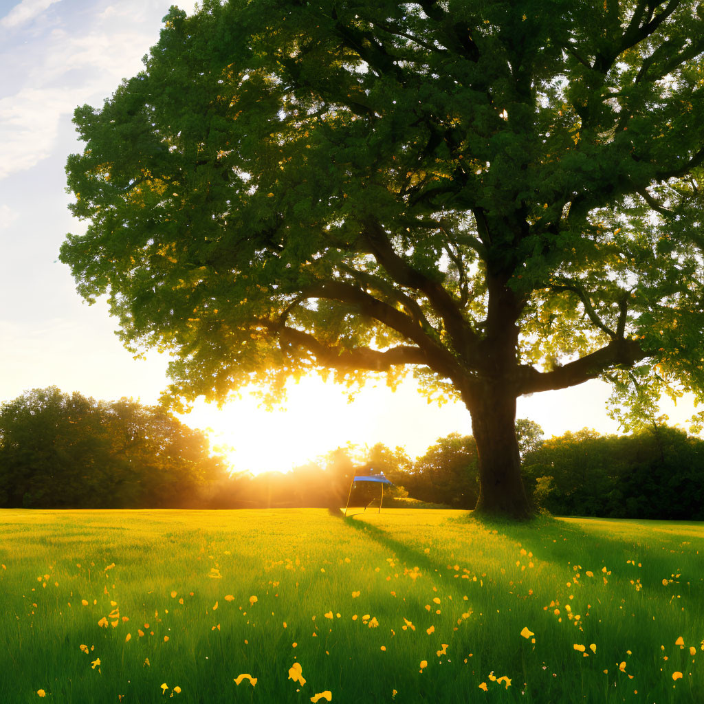 Majestic tree with green leaves in sunlit field with yellow flowers