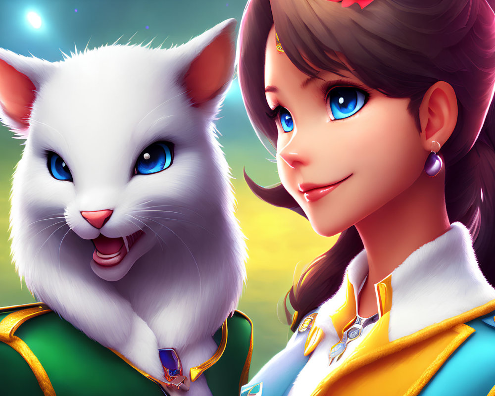 Illustration of Smiling Woman with Brown Hair and White Cat