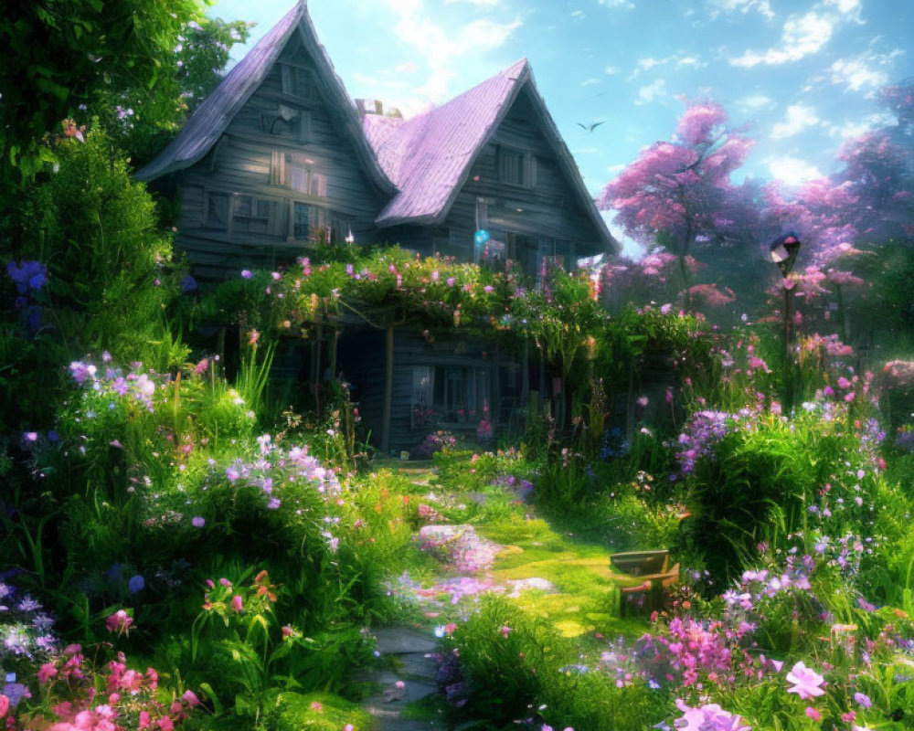 Quaint wooden house with violet roof in colorful garden landscape