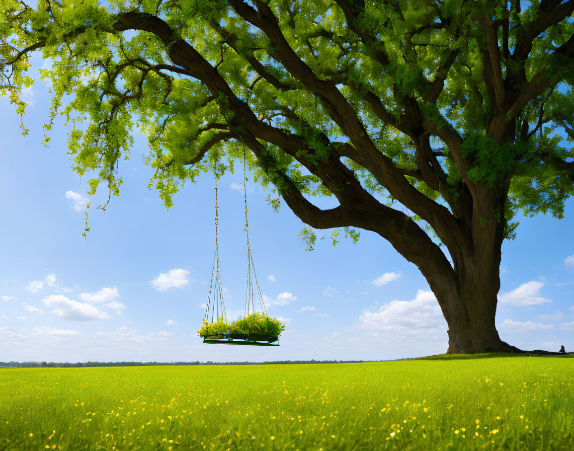 Tranquil Landscape with Green Tree and Wooden Swing