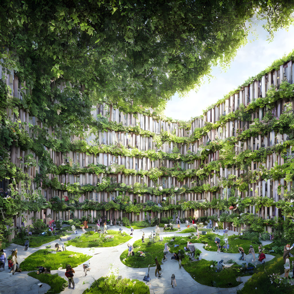 Urban courtyard with lush greenery and balconies in multi-story buildings.