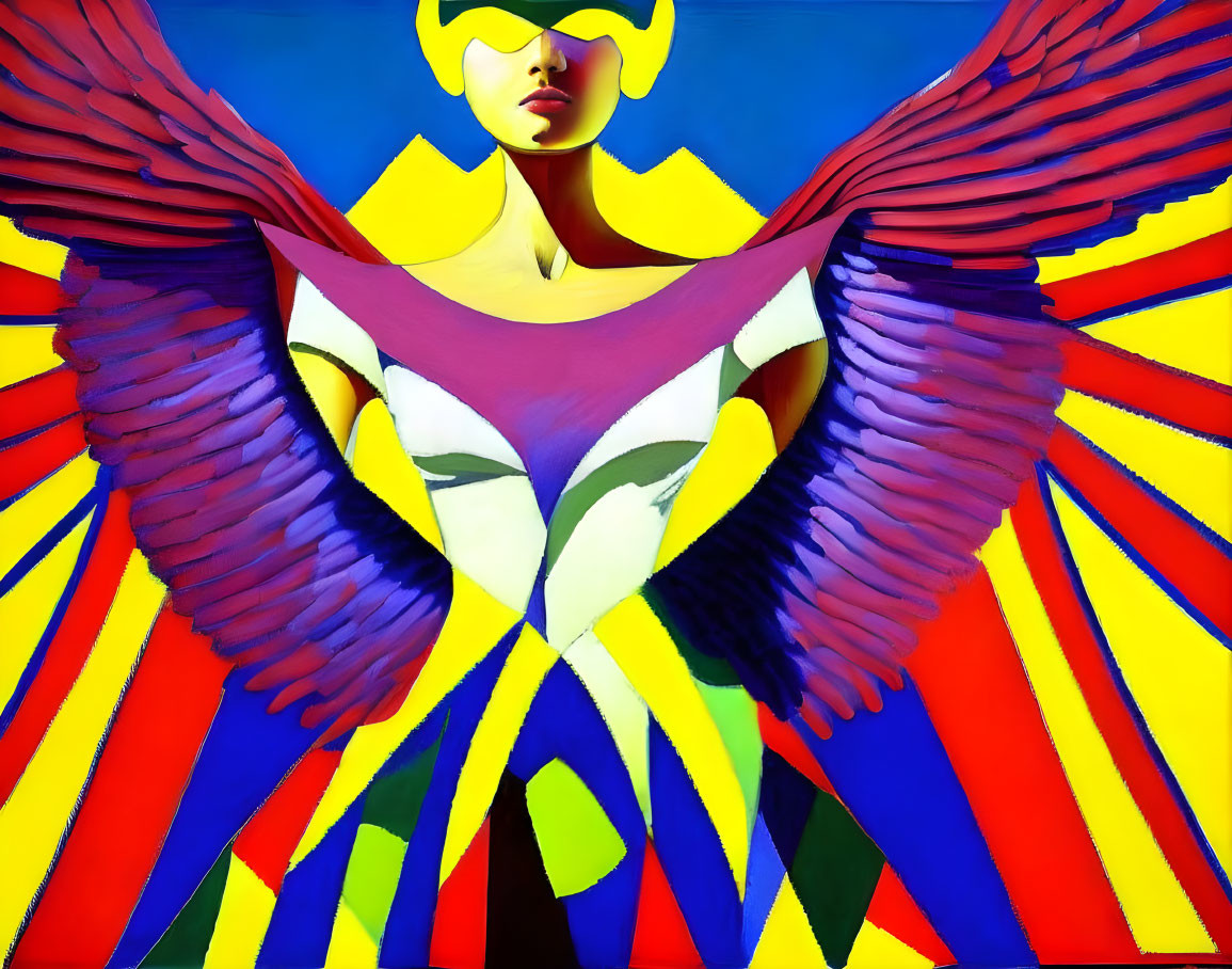 Colorful Abstract Painting: Figure with Multicolored Wings and Yellow Goggles on Blue Background