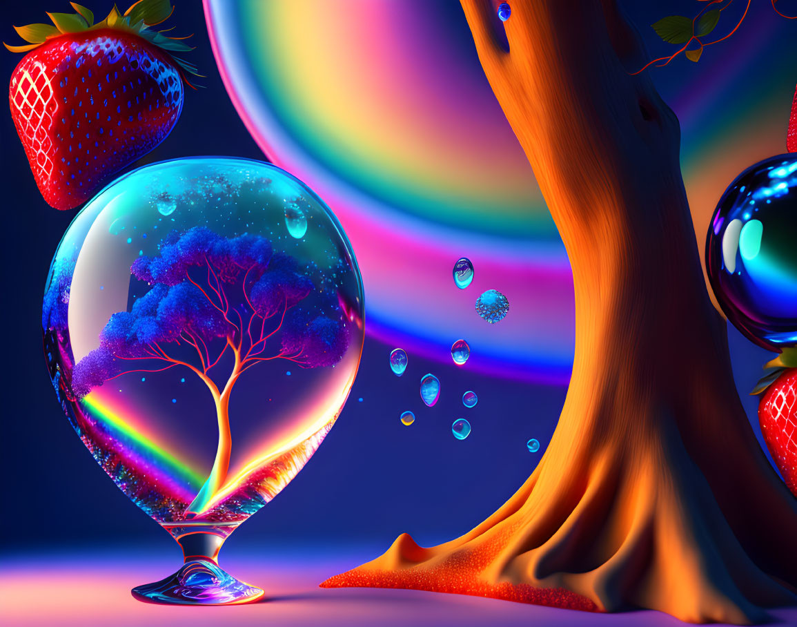 Colorful digital art: Tree, rainbow, glass sphere, bubbles, strawberries on neon backdrop