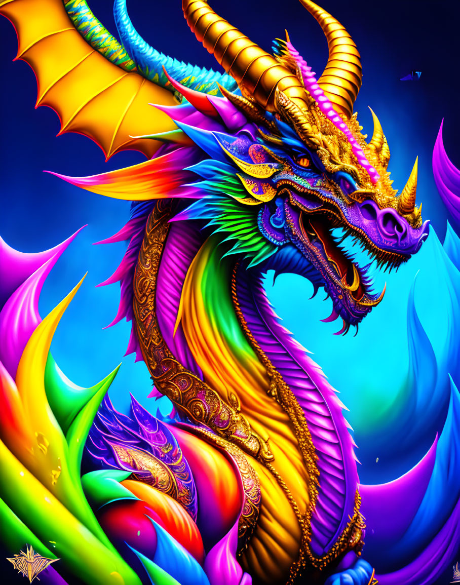 Colorful Dragon Artwork Against Blue and Purple Floral Background