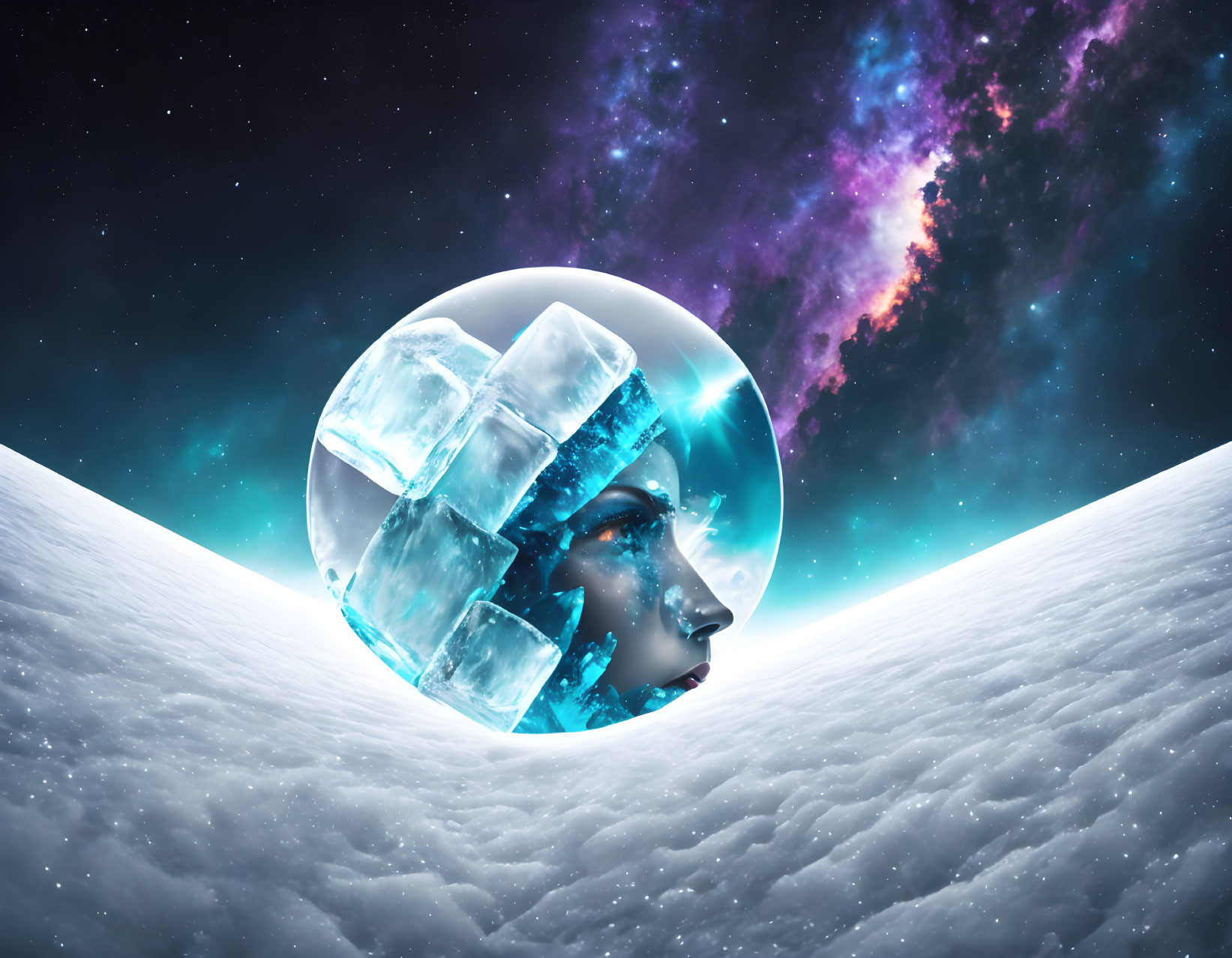 Surreal image: Woman's face in ice blocks amid cosmic scenery