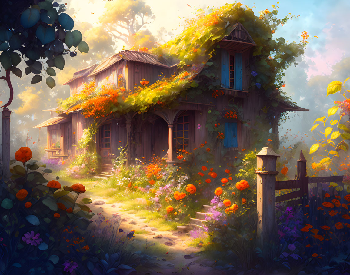 Enchanting cottage surrounded by colorful flowers and ivy in serene forest landscape