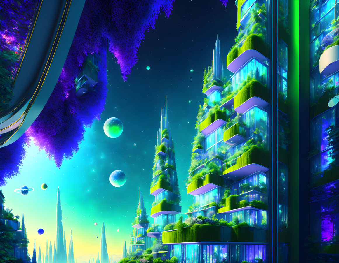 Futuristic cityscape with green skyscrapers and floating orbs