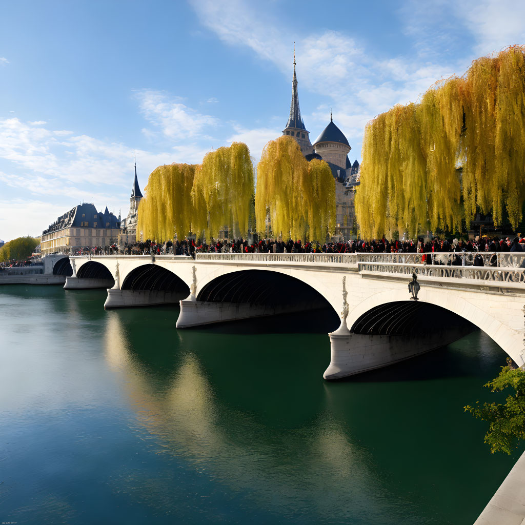 Scenic bridge over calm river with yellow trees and classic architecture.