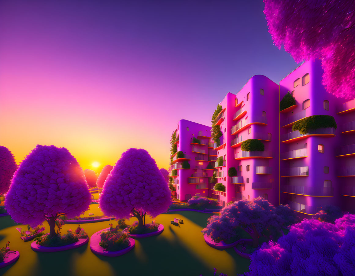 Colorful sunset over modern buildings and whimsical landscape.