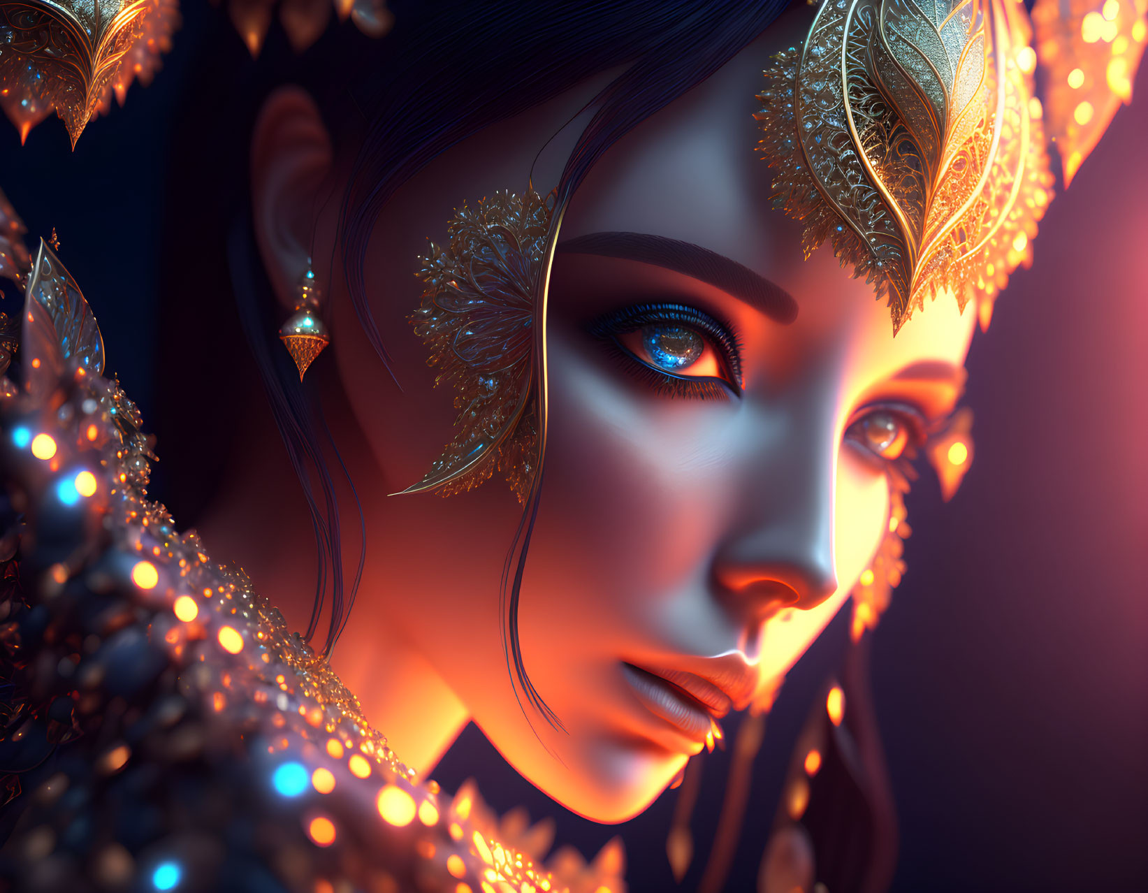 Digital Artwork: Woman with Glowing Blue Eyes and Golden Headdress