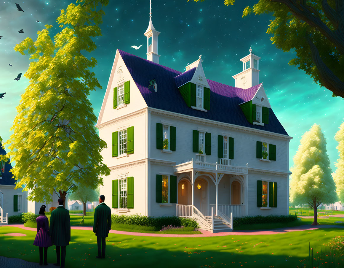 Group of People Admiring Stately House Under Starry Sky