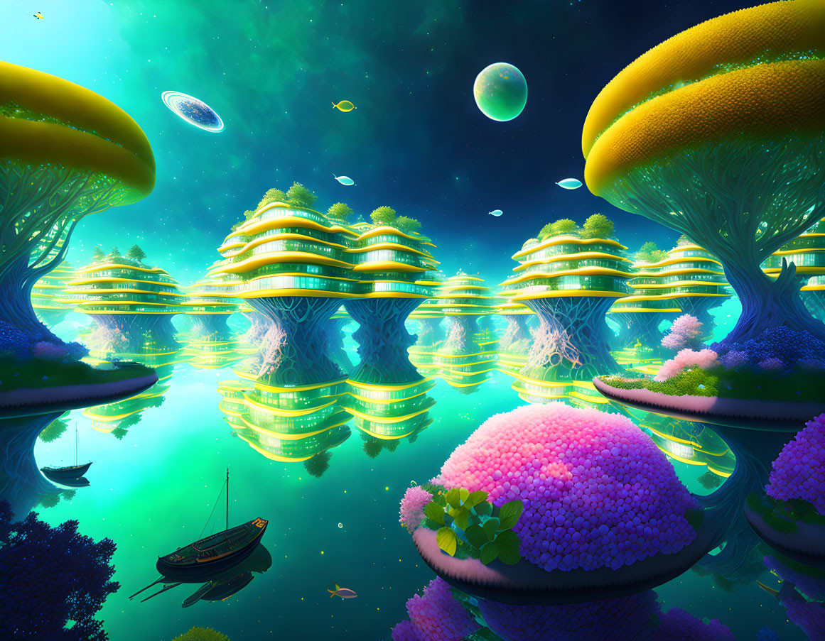 Fantastical landscape with glowing flora, floating islands, and serene lake