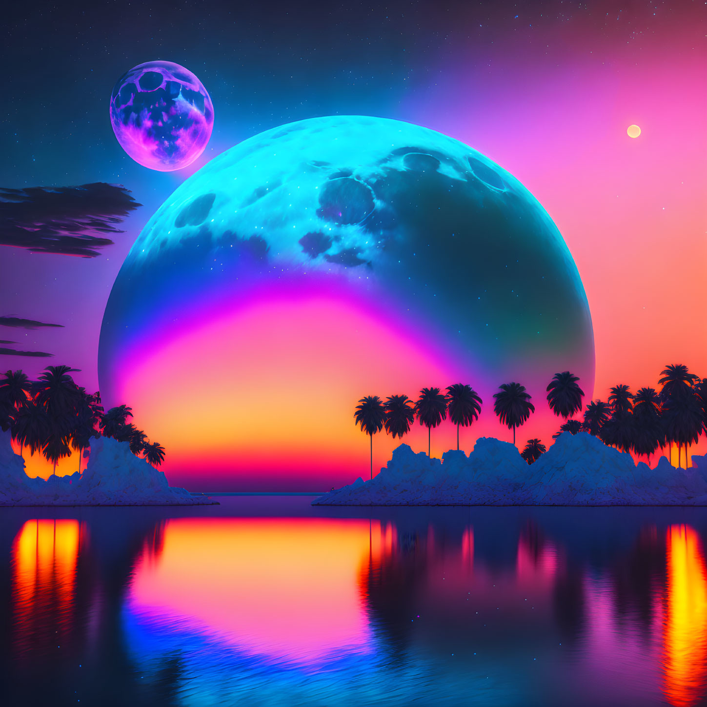 Surreal digital artwork: oversized moon over tropical landscape