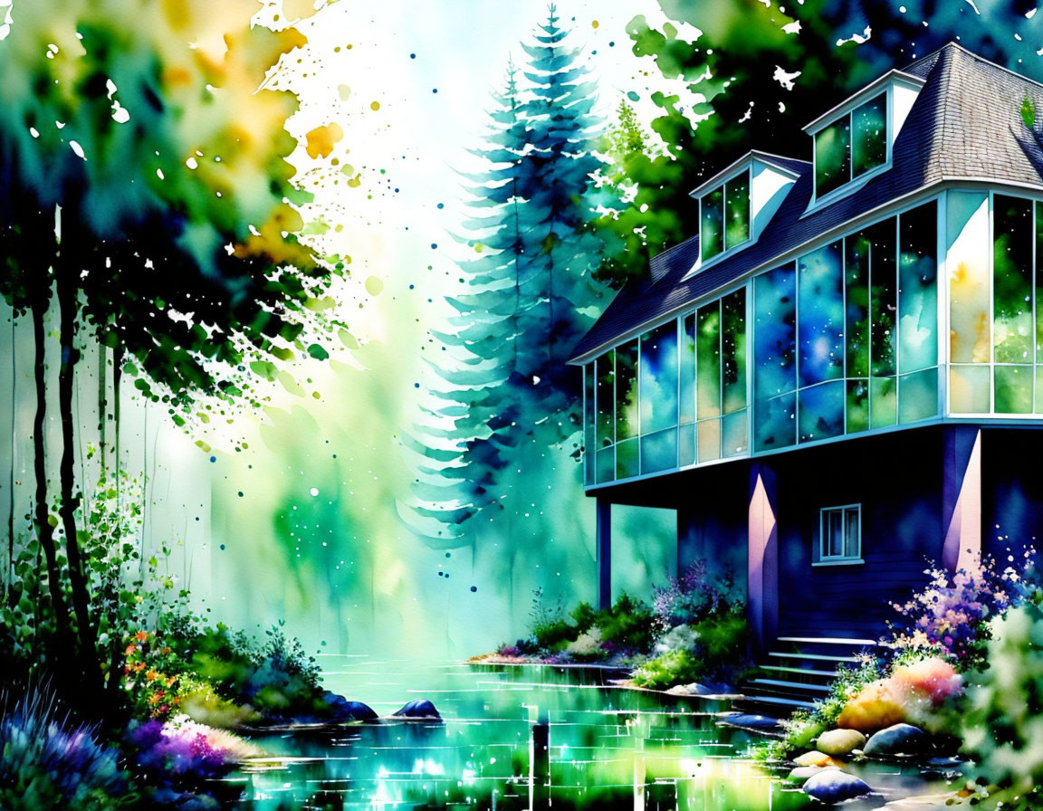 Colorful Watercolor Painting of Two-Story House in Nature