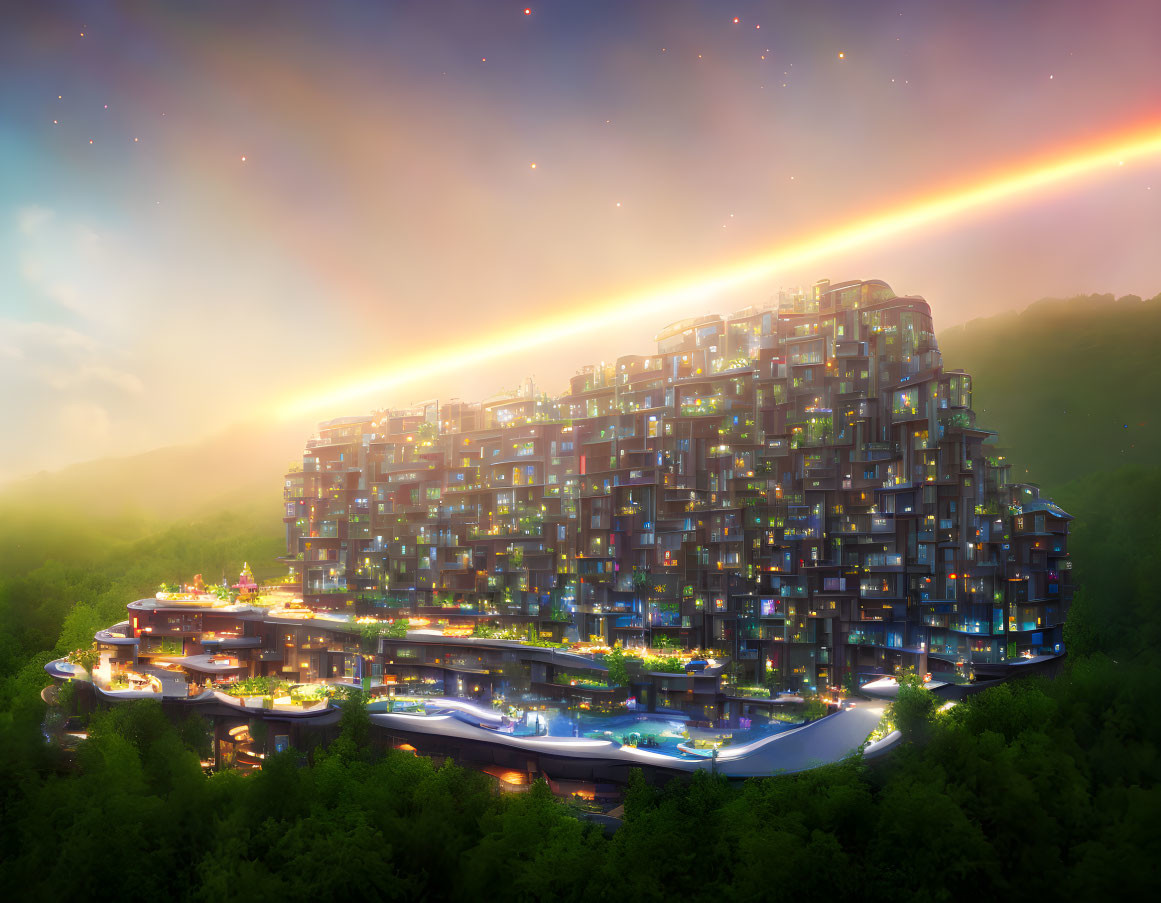 Futuristic building with greenery, illuminated terraces, hills, twilight sky, colorful comet streak