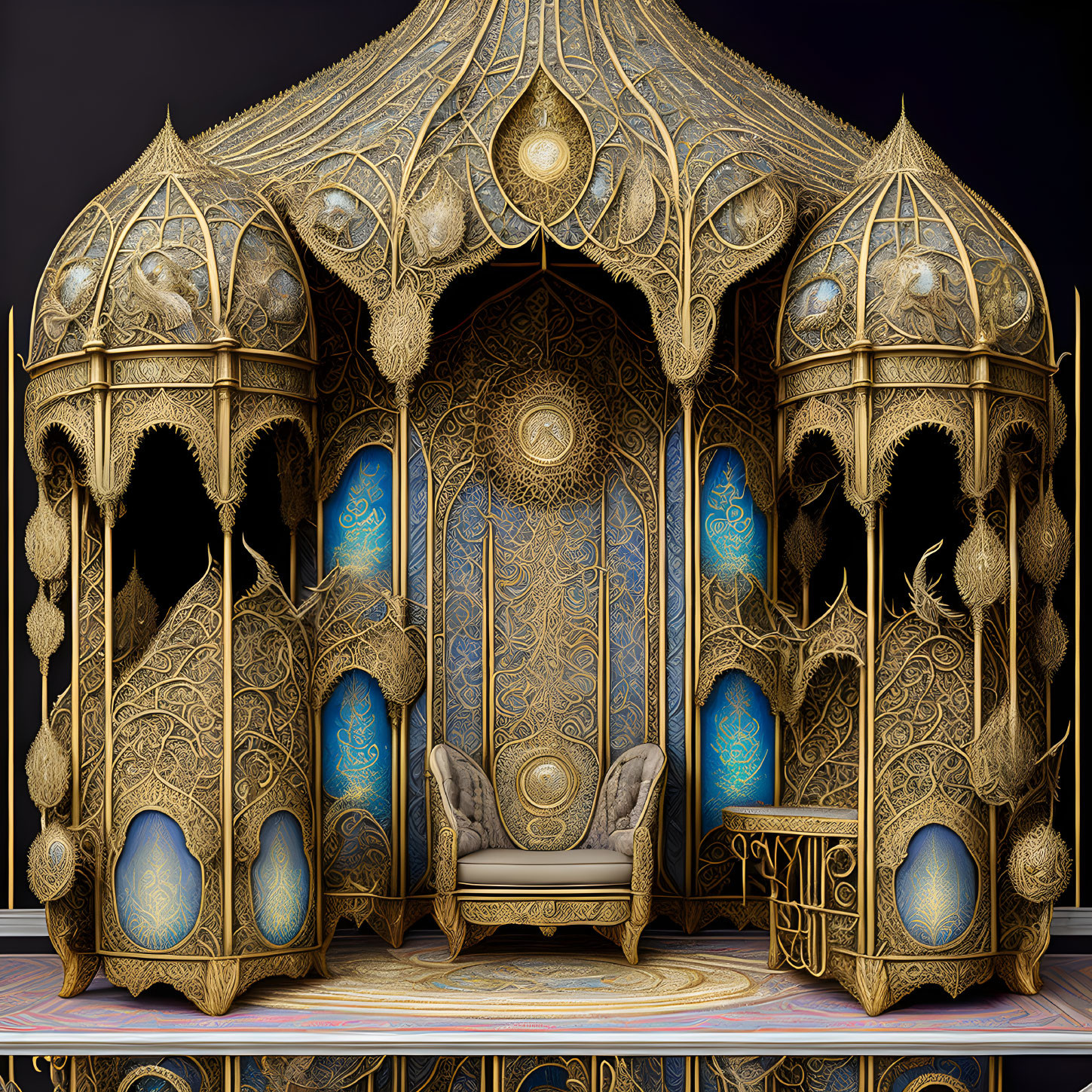 Luxurious Golden Throne Room with Blue Accents
