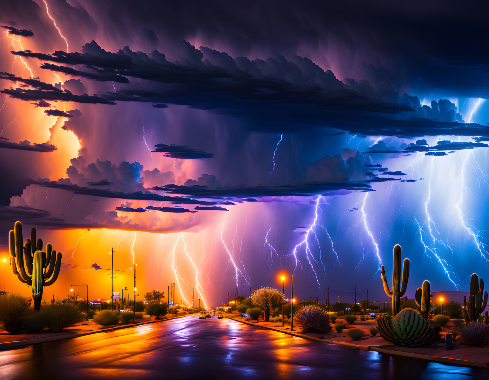 Vivid lightning storm over desert road with cacti under dramatic sky