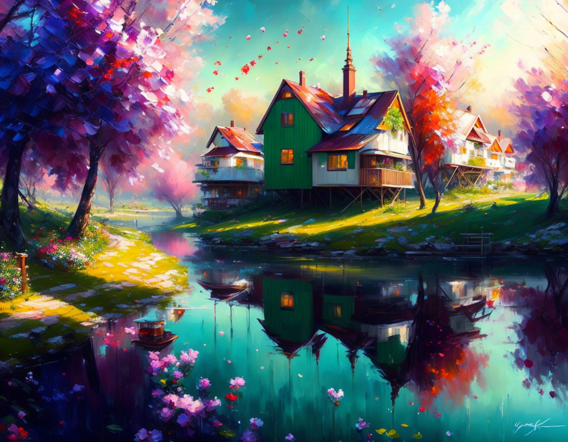 Colorful illustration of whimsical riverside scene with houses and blooming trees