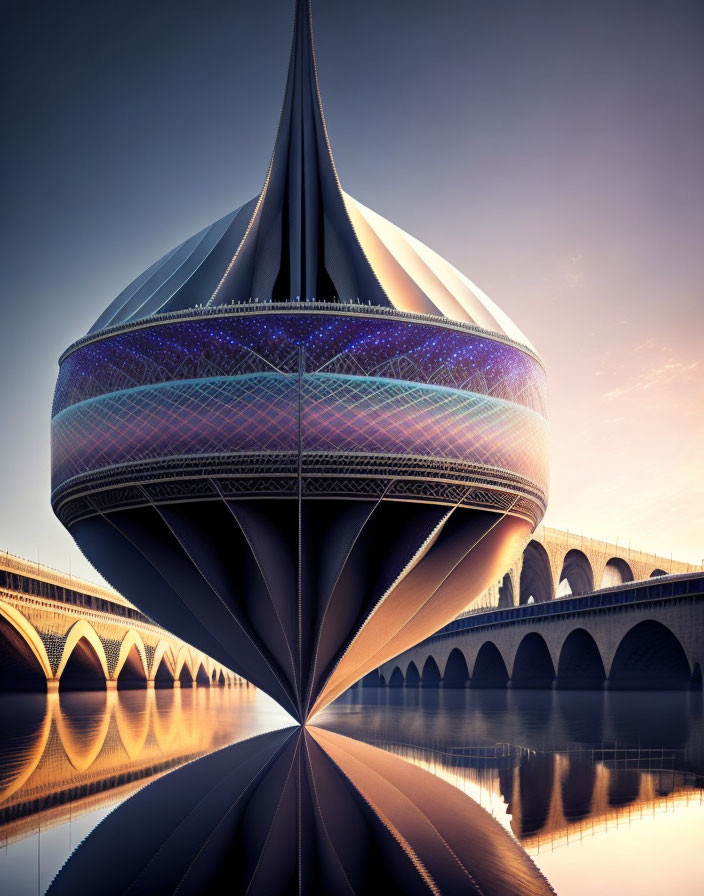 Modern building with spire reflected in water at sunset or sunrise