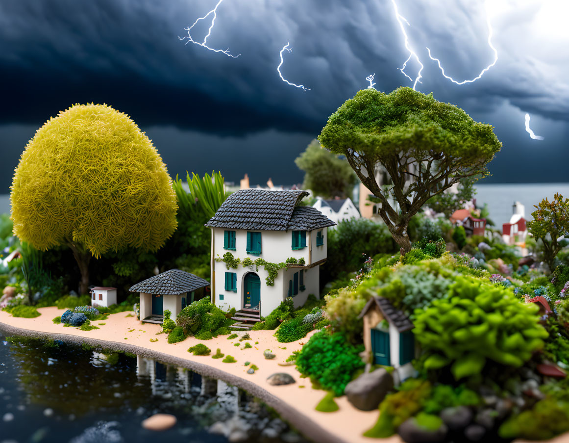 Miniature blue house in lush greenery with thunderstorm backdrop and calm river.