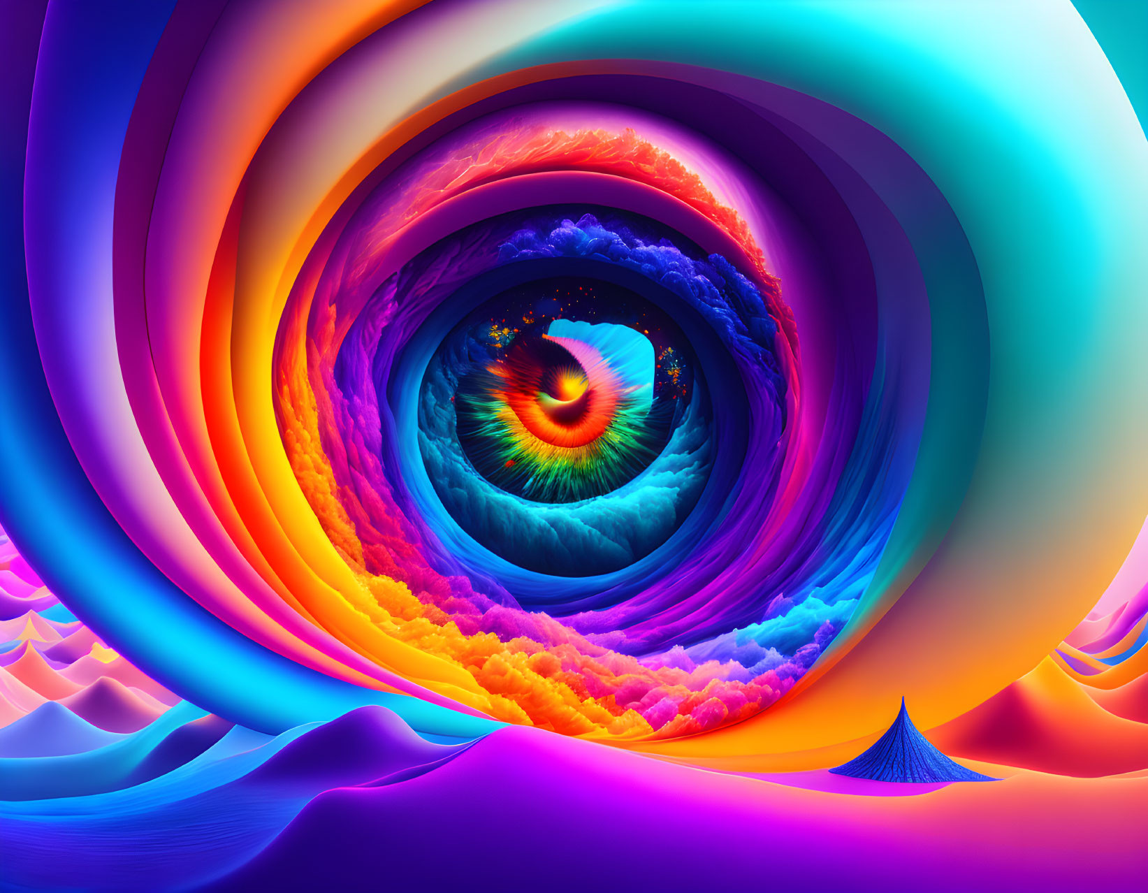 Colorful Abstract Swirl with Eye Pattern in Surreal Landscape