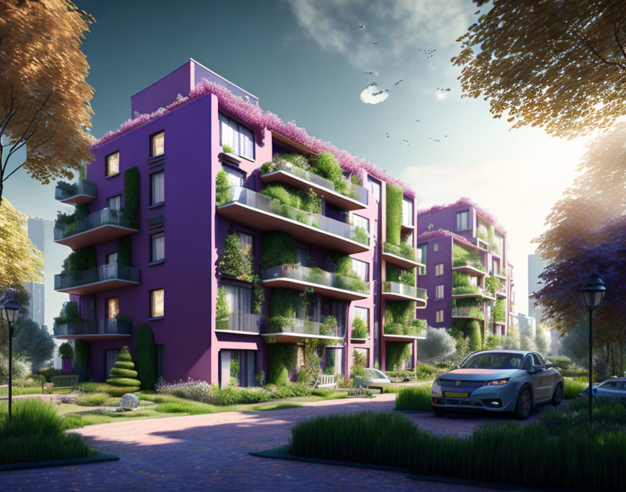 Purple apartment buildings with green terraces and lush gardens on sunny day