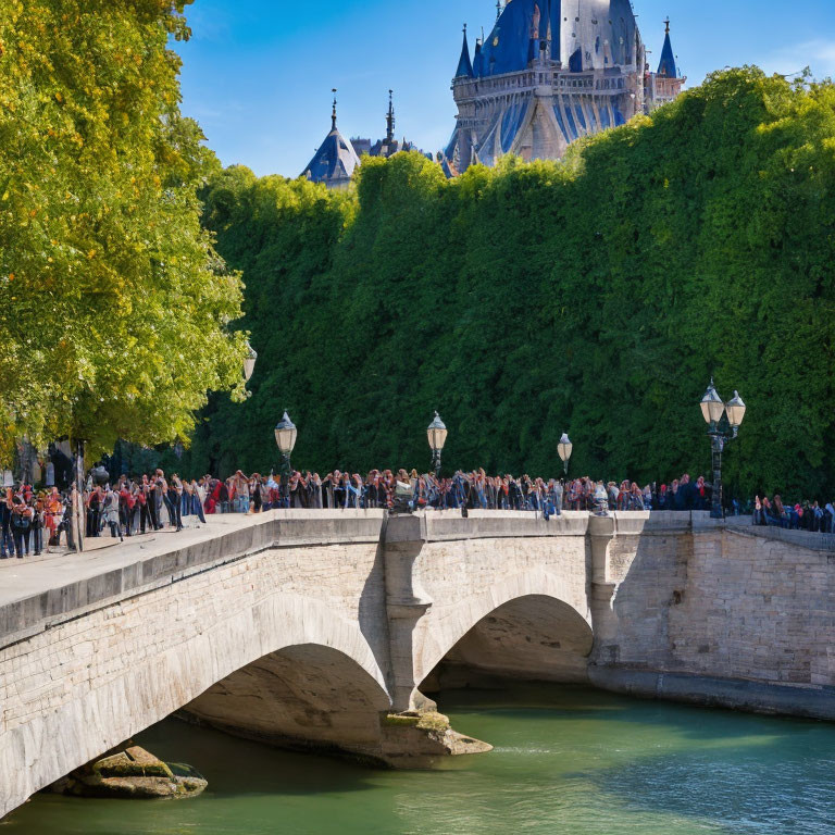 Stone bridge over river with pedestrians, green trees, historical building.