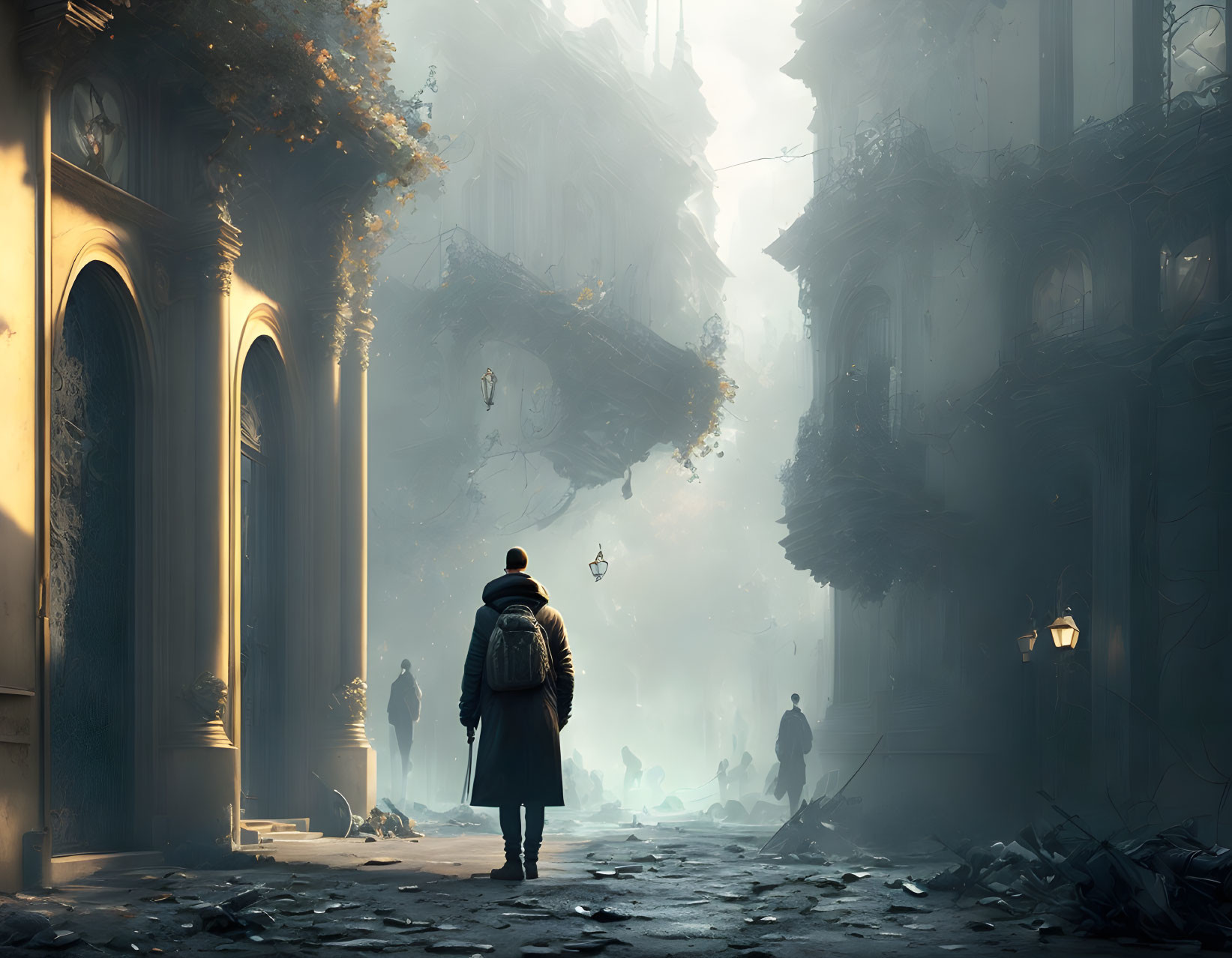 Figure walking in surreal cityscape with floating islands and classical buildings