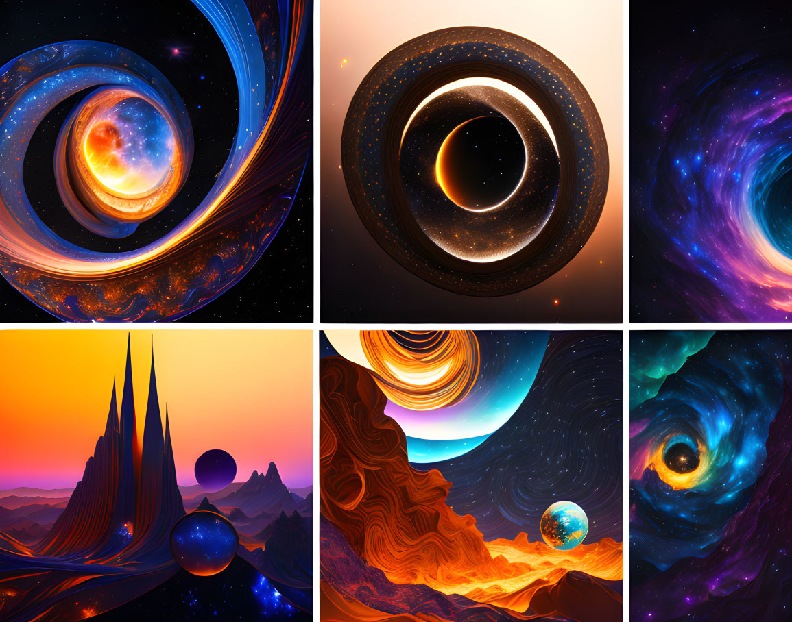 Six Vibrant Space-Themed Digital Artworks with Galaxies, Black Holes, and Alien Land