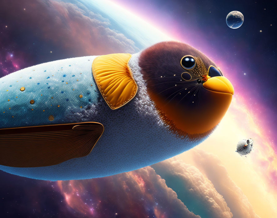 Colorful surreal bird with planet body in space flight