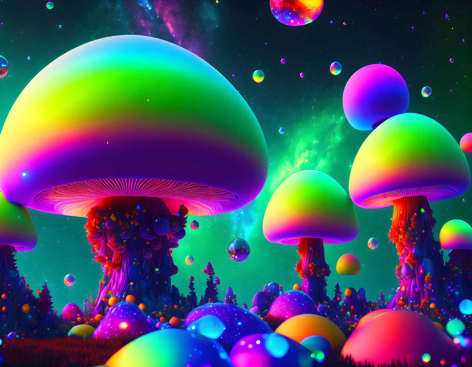 Colorful Psychedelic Mushroom Landscape with Neon Foliage