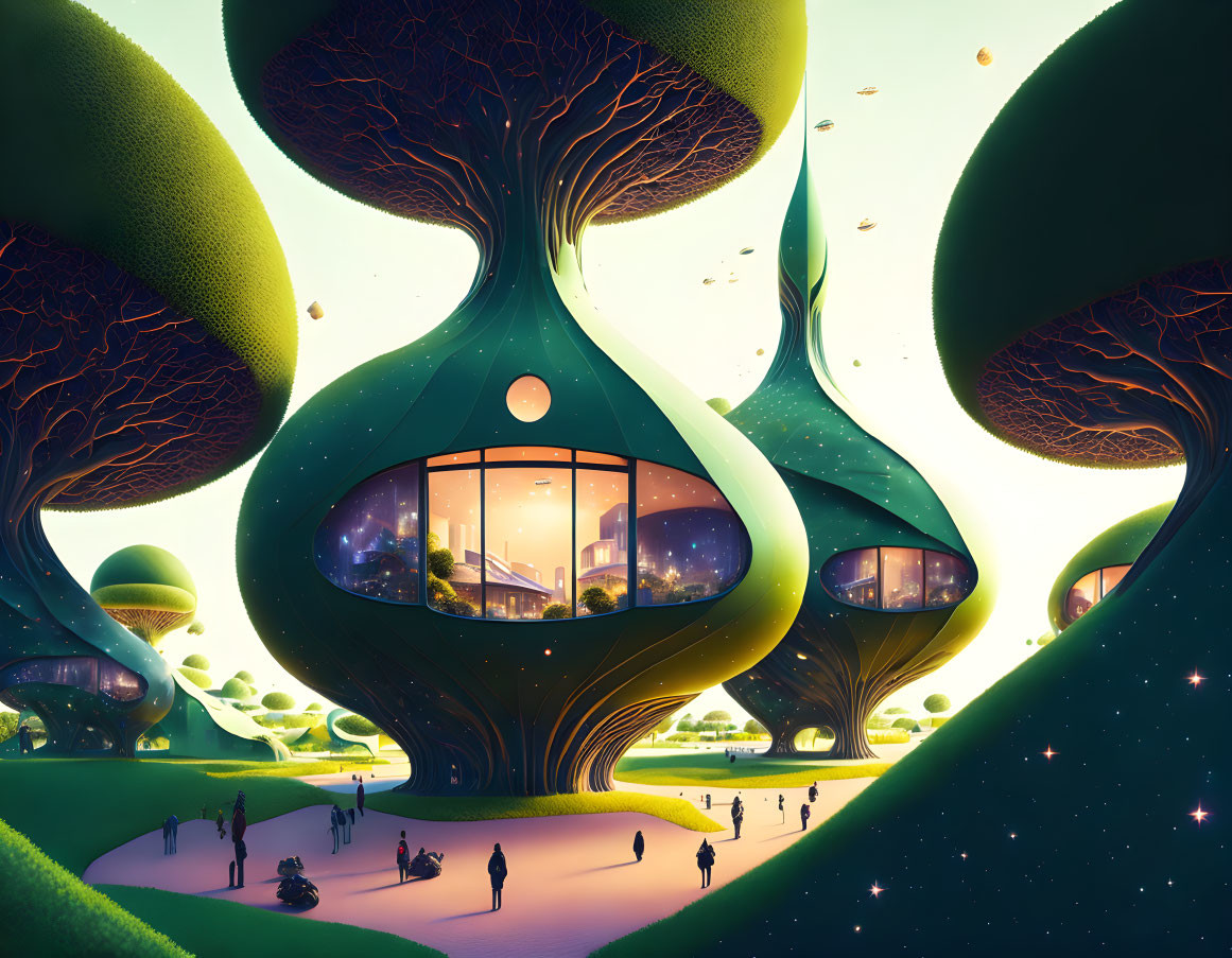 Fantastical landscape with oversized tree-like structures under twilight sky