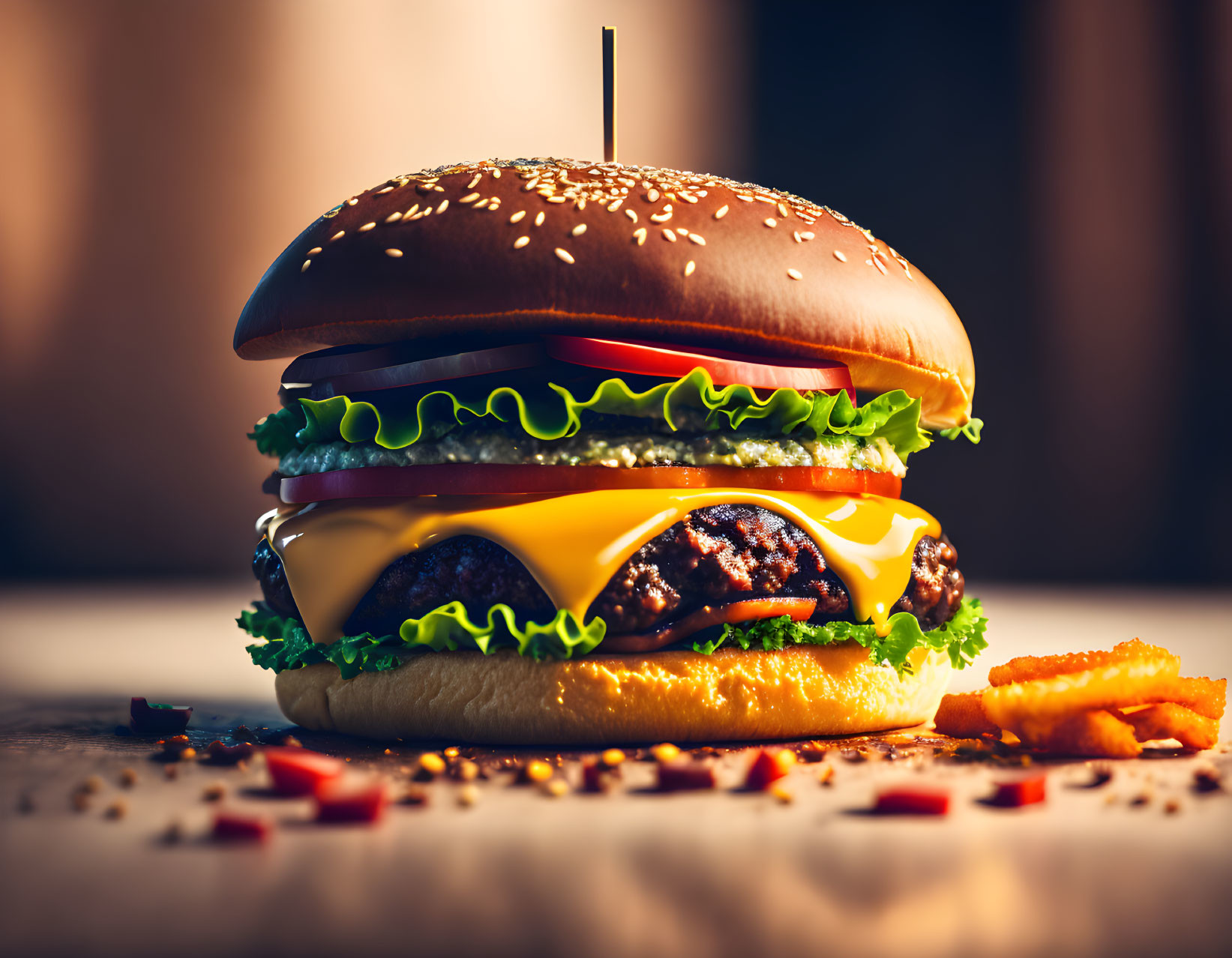 Classic Double Cheeseburger with Lettuce, Cheddar, Sesame Seed Bun, Fries,