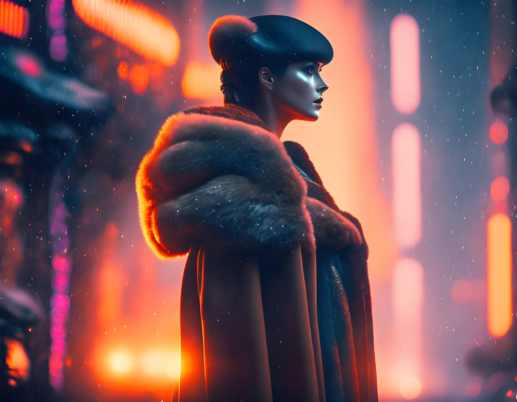 Person in fur coat gazes at neon-lit snow cityscape