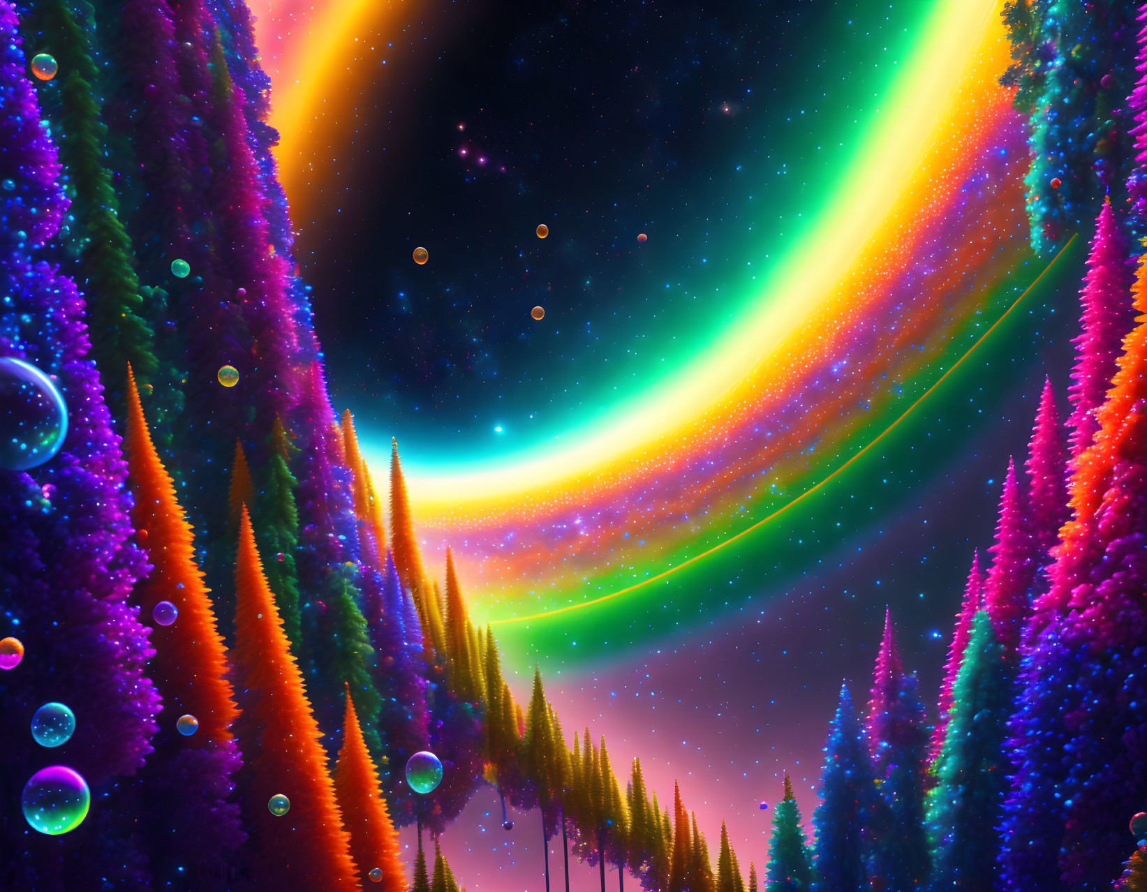 Surreal landscape with iridescent trees, cosmic sky, and floating bubbles