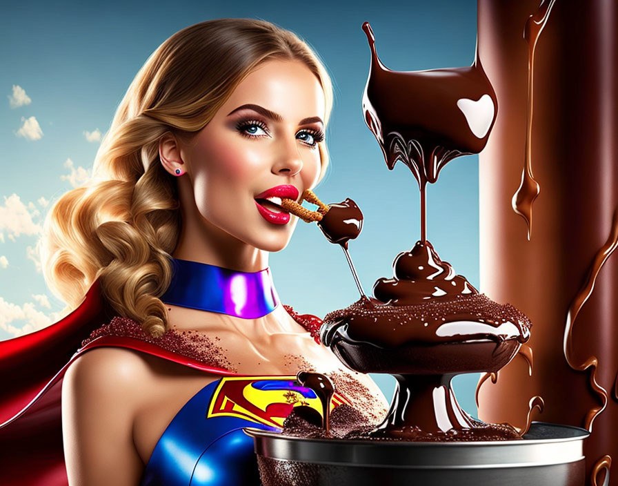 Blonde superheroine eating chocolate-covered strawberry near chocolate fountain