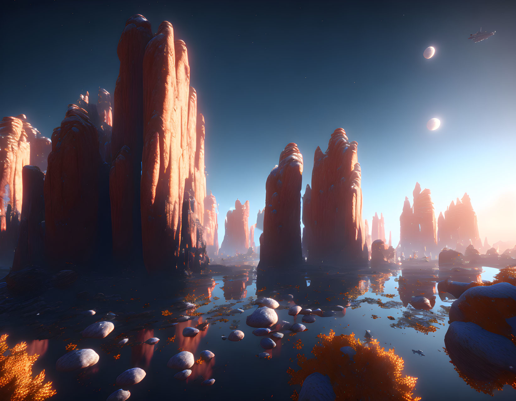 Alien landscape with red rock formations, calm water, moons, and spaceships