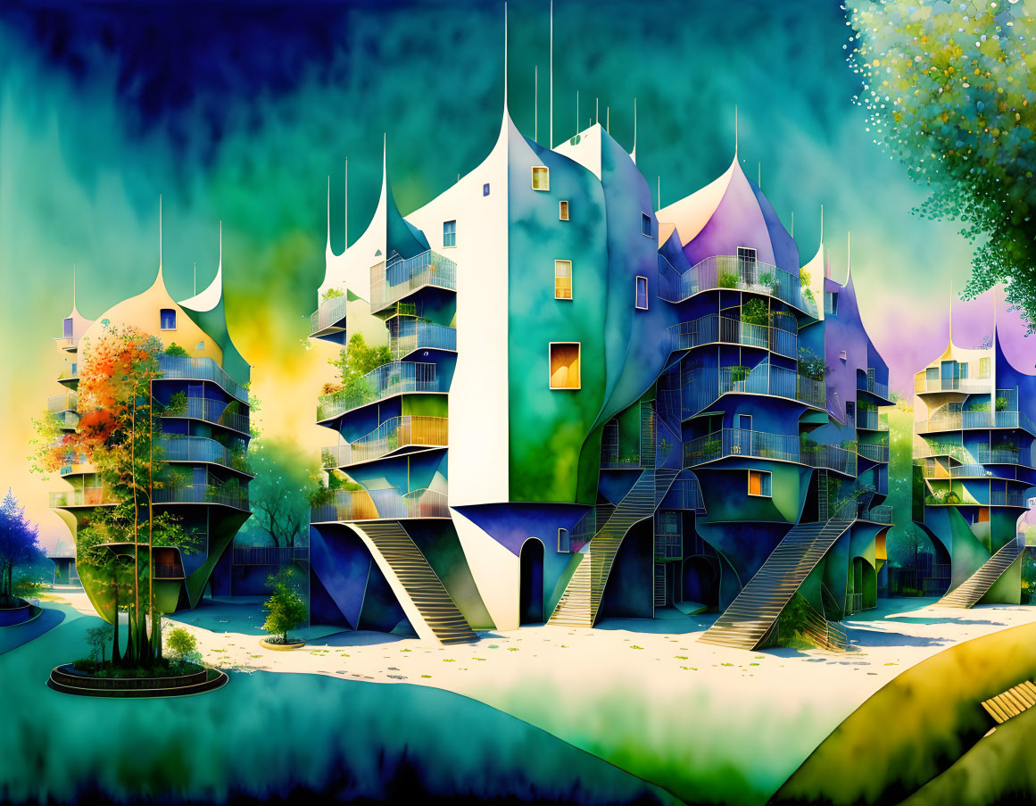 Colorful whimsical illustration of futuristic buildings in dreamy landscape