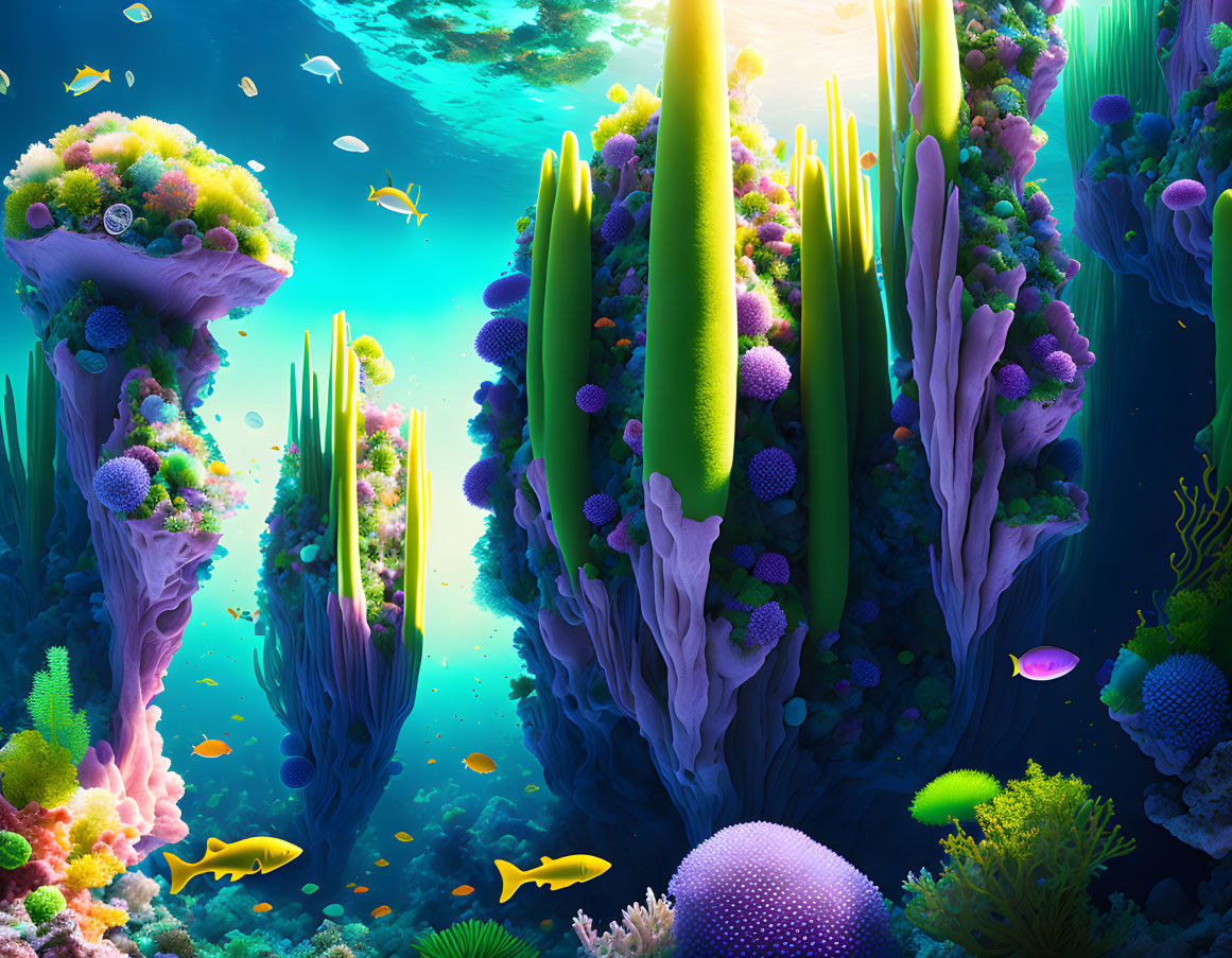 Colorful coral formations and tropical fish in vibrant underwater scene.