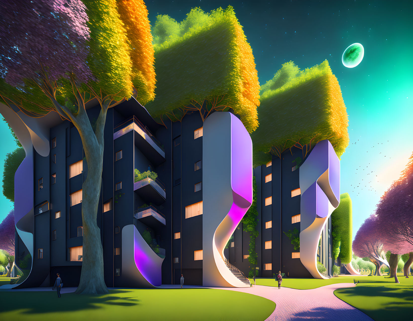 Futuristic building with organic architecture and green moon in twilight scene