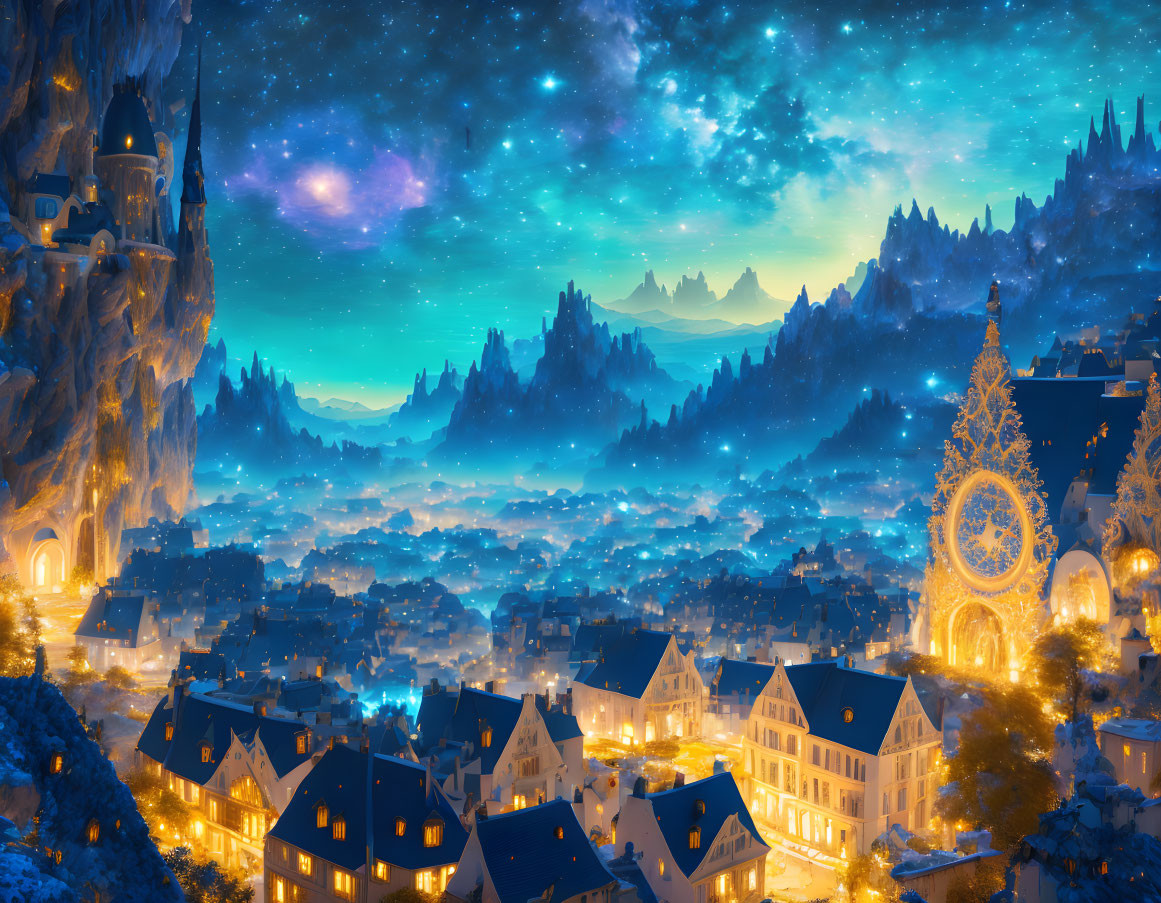 Fantastical city with glowing buildings in mountainous night scene