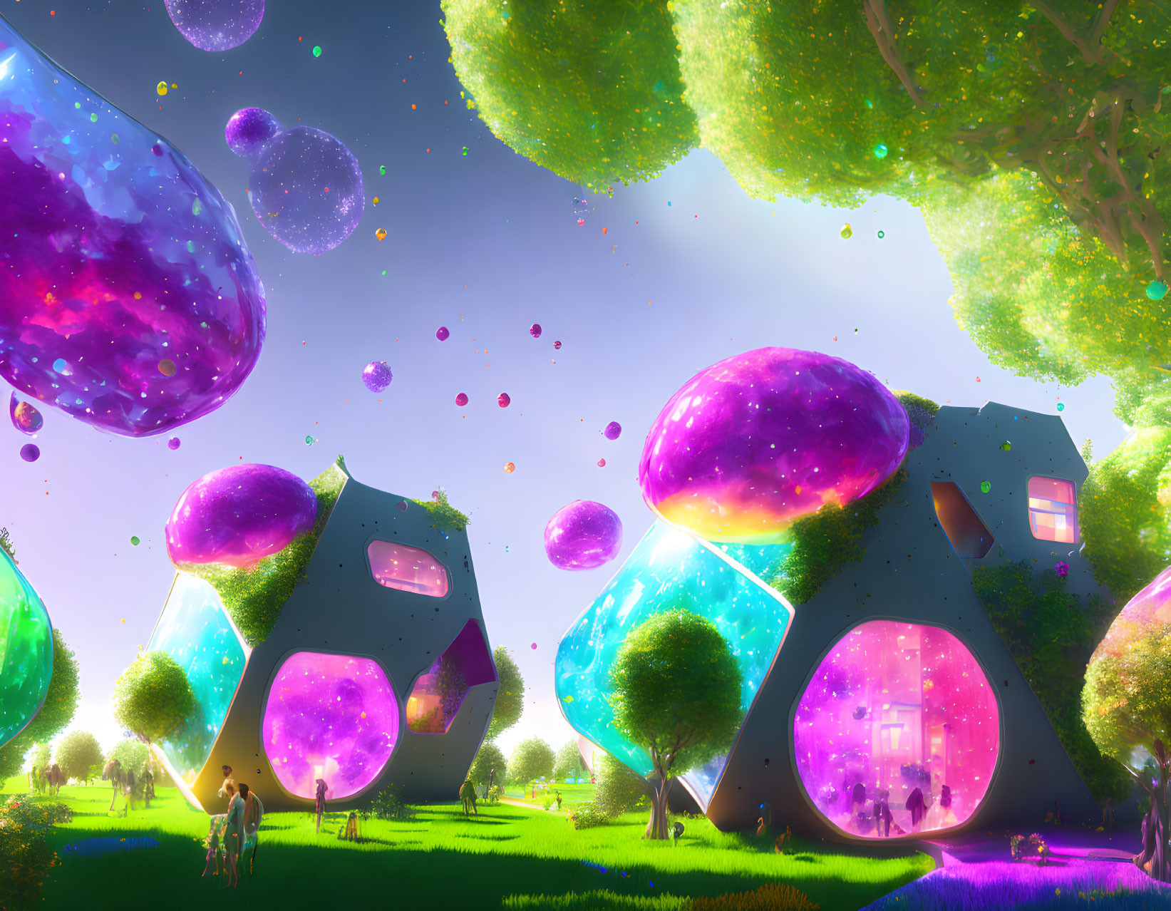 Fantastical landscape with floating orbs, futuristic buildings, lush greenery